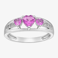 Womens Diamond Accent Lab Created Pink Sapphire Sterling Silver 3-Stone Side Stone Cocktail Ring