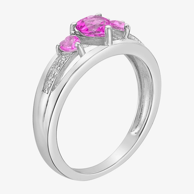 Womens Diamond Accent Lab Created Pink Sapphire Sterling Silver 3-Stone Side Stone Cocktail Ring