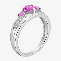 Womens Diamond Accent Lab Created Pink Sapphire Sterling Silver 3-Stone Side Stone Cocktail Ring