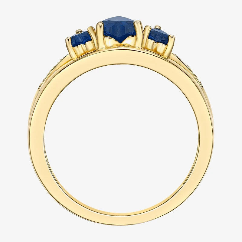 Womens Diamond Accent Lab Created Sapphire 18K Gold Over Silver 3-Stone Side Stone Cocktail Ring