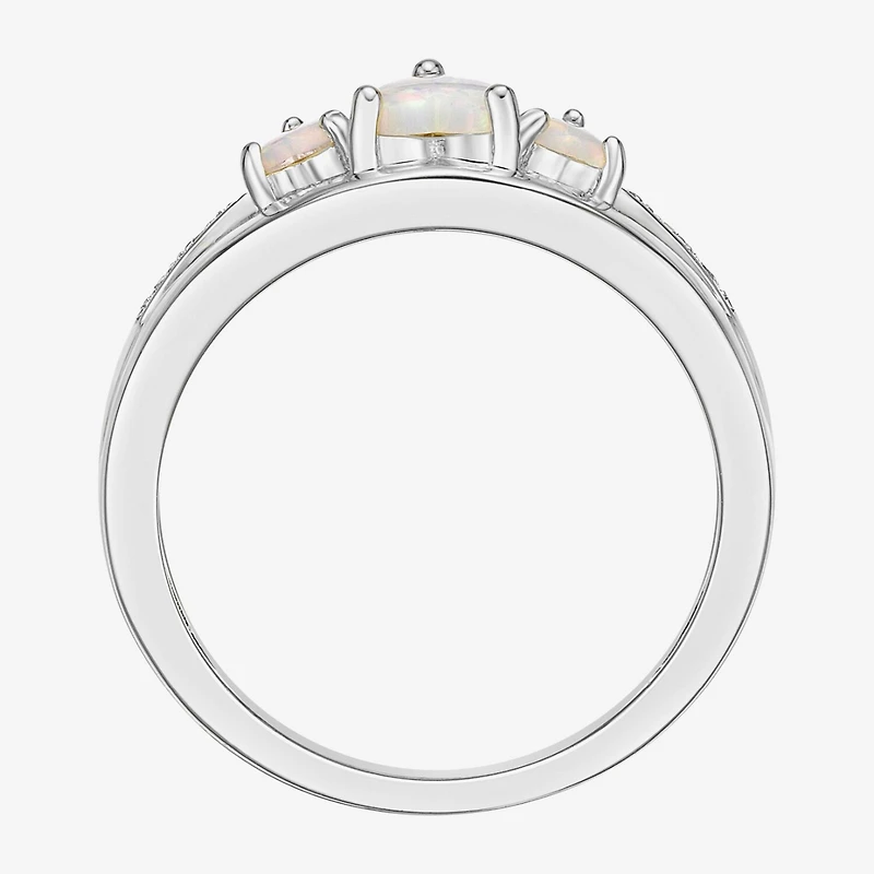Womens Diamond Accent Lab Created White Opal Sterling Silver 3-Stone Side Stone Cocktail Ring