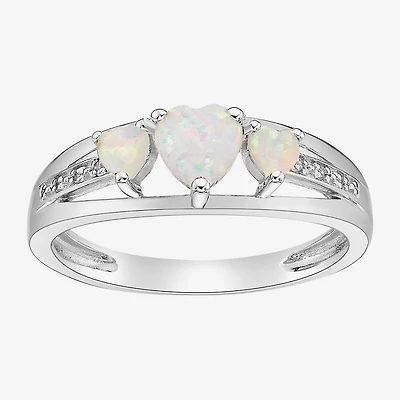 Womens Diamond Accent Lab Created White Opal Sterling Silver 3-Stone Side Stone Cocktail Ring