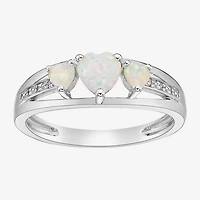 Womens Diamond Accent Lab Created White Opal Sterling Silver 3-Stone Side Stone Cocktail Ring
