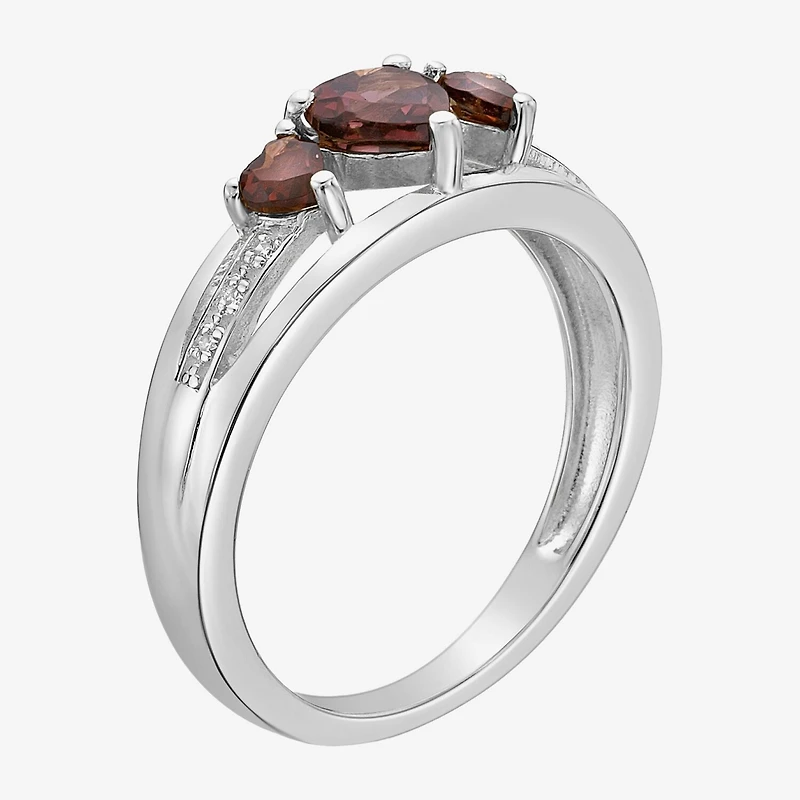 Womens Diamond Accent Genuine Red Garnet Sterling Silver 3-Stone Side Stone Cocktail Ring