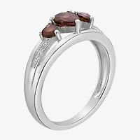 Womens Diamond Accent Genuine Red Garnet Sterling Silver 3-Stone Side Stone Cocktail Ring