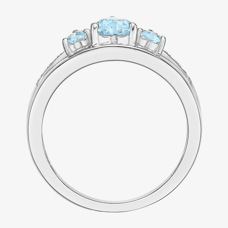 Womens Diamond Accent Lab Created Blue Aquamarine Sterling Silver -Stone Side Stone Cocktail Ring