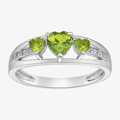 Womens Diamond Accent Genuine Green Peridot Sterling Silver 3-Stone Side Stone Cocktail Ring