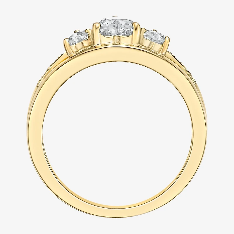 Womens Diamond Accent Genuine White Topaz 18K Gold Over Silver 3-Stone Side Stone Cocktail Ring
