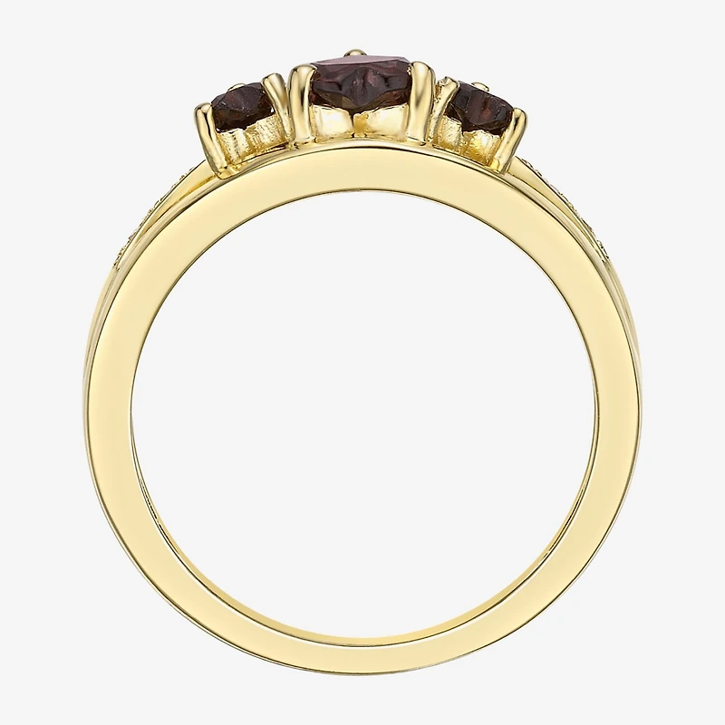 Womens Diamond Accent Genuine Red Garnet 18K Gold Over Silver 3-Stone Side Stone Cocktail Ring