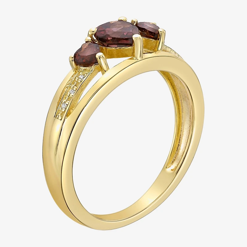 Womens Diamond Accent Genuine Red Garnet 18K Gold Over Silver 3-Stone Side Stone Cocktail Ring