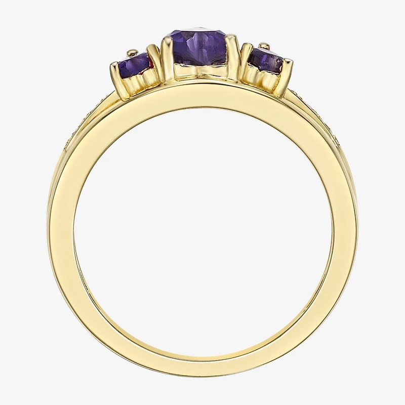 Womens Diamond Accent Genuine Purple Amethyst 18K Gold Over Silver 3-Stone Side Stone Cocktail Ring