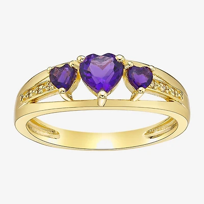 Womens Diamond Accent Genuine Purple Amethyst 18K Gold Over Silver 3-Stone Side Stone Cocktail Ring