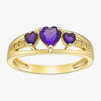Womens Diamond Accent Genuine Purple Amethyst 18K Gold Over Silver 3-Stone Side Stone Cocktail Ring