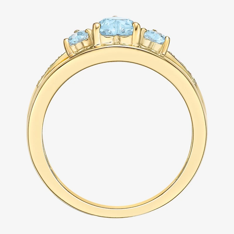 Womens Diamond Accent Lab Created Blue Aquamarine 18K Gold Over Silver 3-Stone Side Stone Cocktail Ring