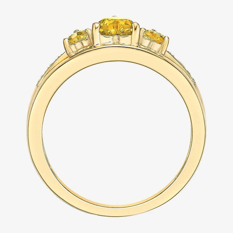 Womens Diamond Accent Genuine Yellow Citrine 18K Gold Over Silver 3-Stone Side Stone Cocktail Ring
