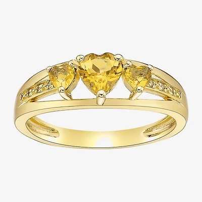 Womens Diamond Accent Genuine Yellow Citrine 18K Gold Over Silver 3-Stone Side Stone Cocktail Ring