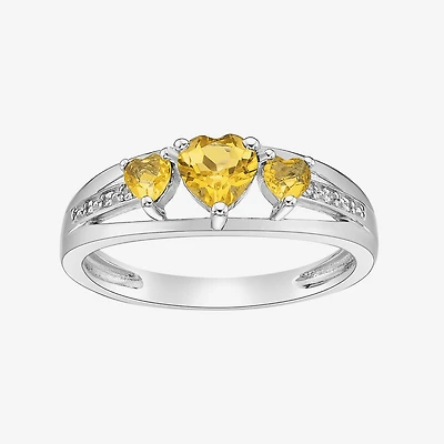 Womens Diamond Accent Genuine Yellow Citrine Sterling Silver 3-Stone Side Stone Cocktail Ring