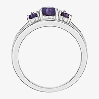 Womens Diamond Accent Genuine Purple Amethyst Sterling Silver 3-Stone Side Stone Cocktail Ring