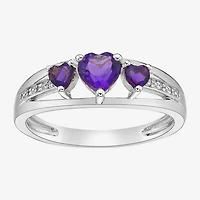 Womens Diamond Accent Genuine Purple Amethyst Sterling Silver 3-Stone Side Stone Cocktail Ring