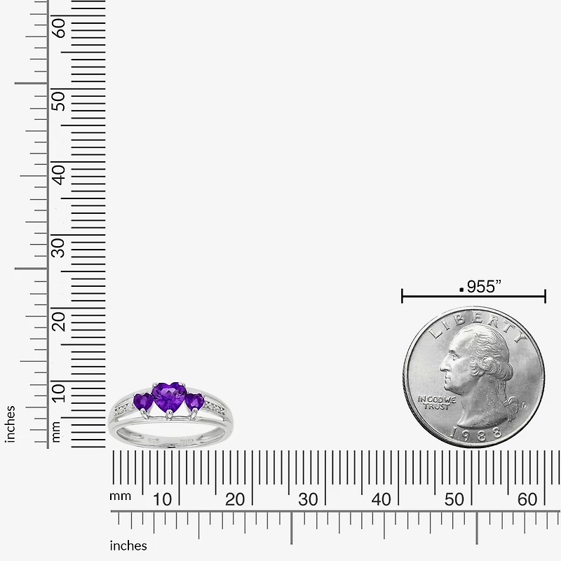Womens Diamond Accent Genuine Purple Amethyst Sterling Silver 3-Stone Side Stone Cocktail Ring