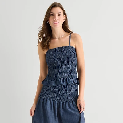 a.n.a Smocked Womens Square Neck Sleeveless Tank Top