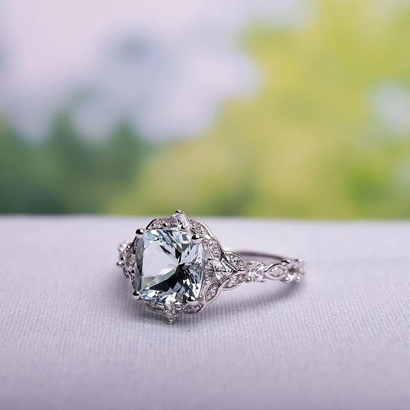 Modern Bride Gemstone Womens Diamond Accent Genuine Blue Aquamarine 14K Gold Cushion Engagement Ring