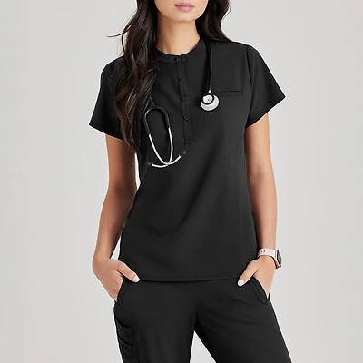 Barco Unify But163 Mission 1-Pocket Womens Henley Neck Short Sleeve Stretch Fabric Moisture Wicking Wrinkle Resistant Scrub Top