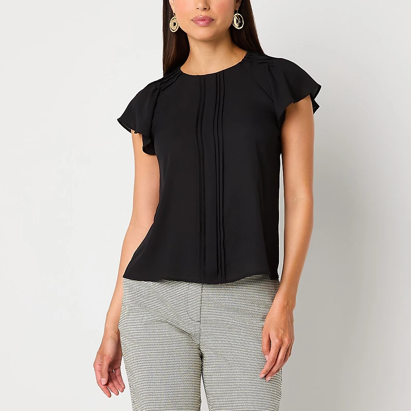 Worthington Womens Petite Round Neck Short Sleeve Blouse