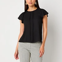 Worthington Womens Petite Round Neck Short Sleeve Blouse