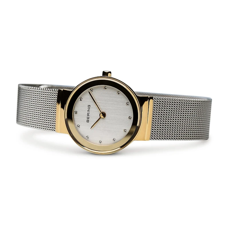 Bering Classic Womens Crystal Accent Two Tone Mesh Bracelet Watch-10126-001