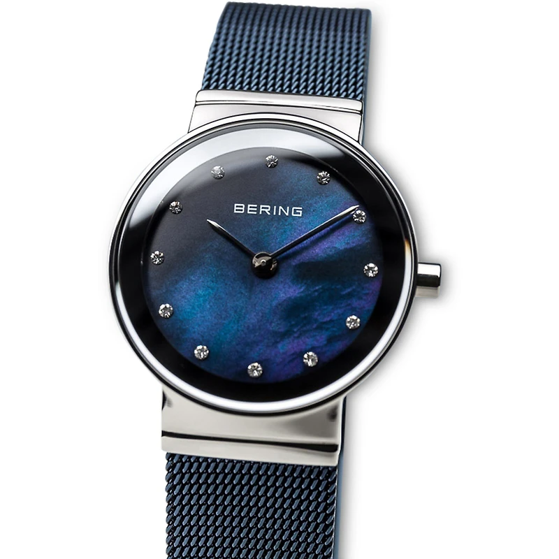 Bering Classic Womens Crystal Accent Blue Mesh Bracelet Watch-10126-307