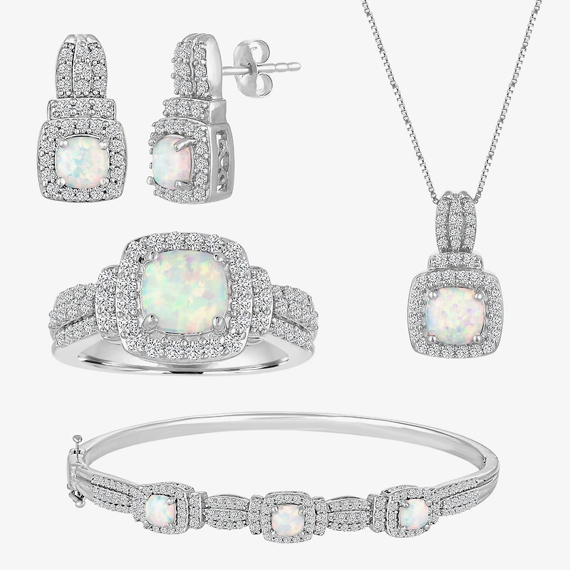 Lab-Created Opal And Cubic Zirconia Pure Silver Over Brass 4Pc Set