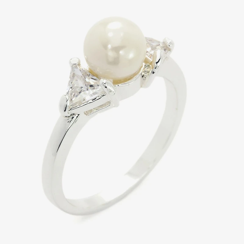 Sparkle Allure Three Stone Womens Simulated Pearl Pure Silver Over Brass Round 3-Stone Side Cocktail Ring