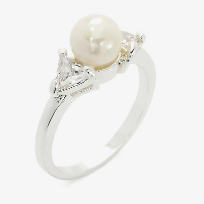 Sparkle Allure Three Stone Womens Simulated Pearl Pure Silver Over Brass Round 3-Stone Side Cocktail Ring