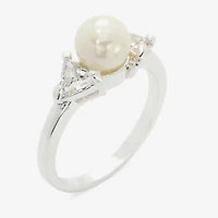 Sparkle Allure Three Stone Womens Simulated Pearl Pure Silver Over Brass Round 3-Stone Side Cocktail Ring