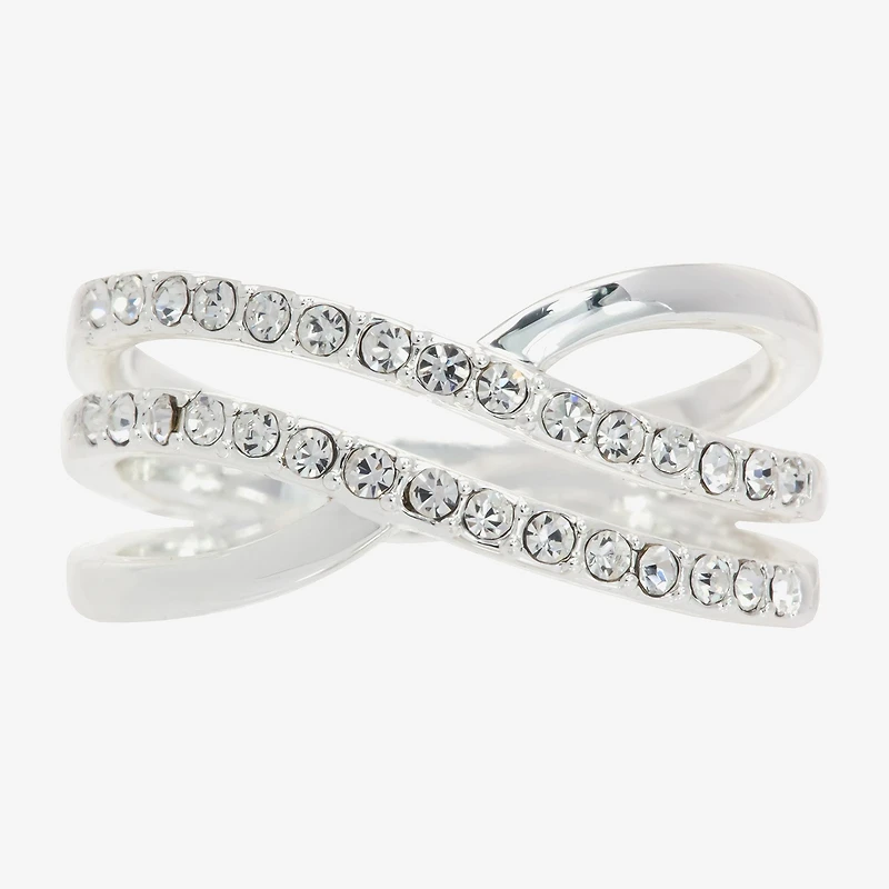 Sparkle Allure Crossover Double Row Womens 3MM Crystal Pure Silver Over Brass Band