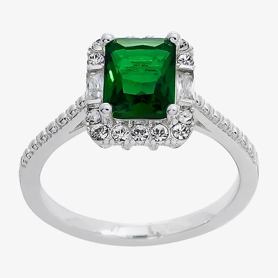 Sparkle Allure Womens Green Crystal Pure Silver Over Brass Halo Engagement Ring