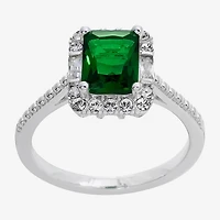 Sparkle Allure Womens Green Crystal Pure Silver Over Brass Halo Engagement Ring