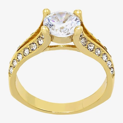 Sparkle Allure Split Shank Solitaire Womens Cubic Zirconia 14K Gold Over Brass Round Engagement Ring