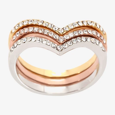 Sparkle Allure Curved Chevron Delicate Womens Crystal 14K Gold Over Brass 18K Rose Ring Set
