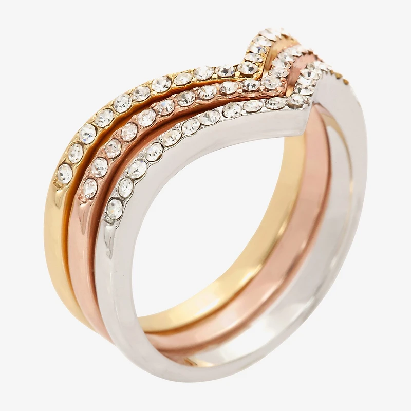 Sparkle Allure Curved Chevron Delicate Womens Crystal 14K Gold Over Brass 18K Rose Ring Set
