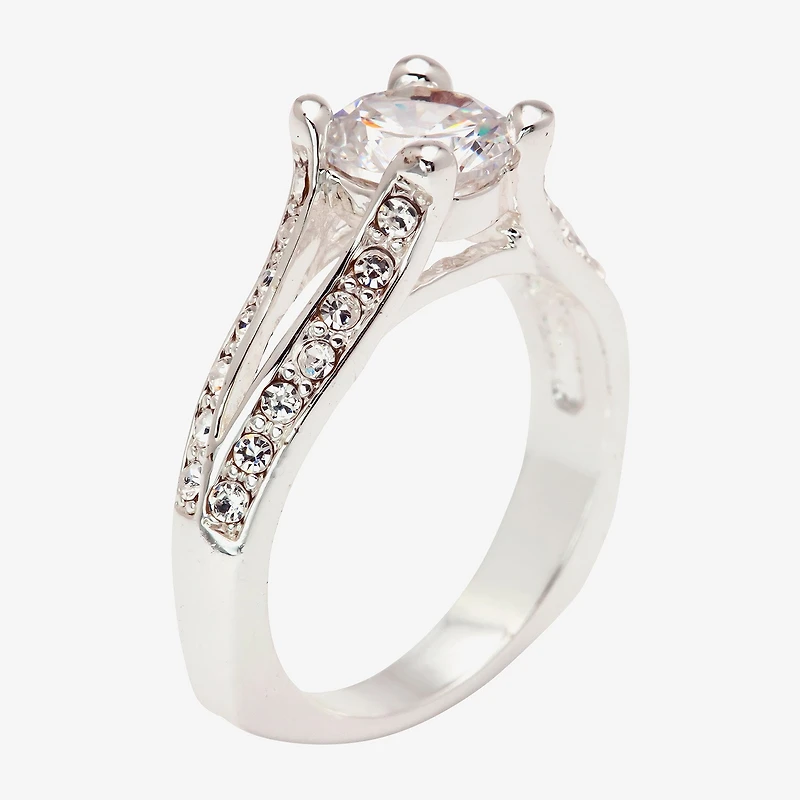 Sparkle Allure Split Shank Solitaire Womens Cubic Zirconia Pure Silver Over Brass Round Engagement Ring