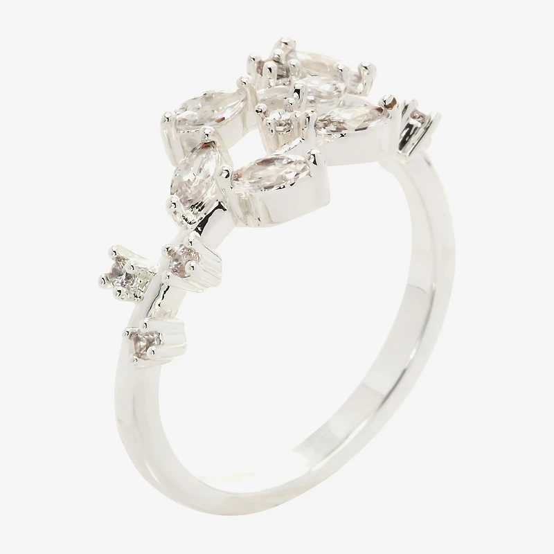 Sparkle Allure Floral Womens 2MM Cubic Zirconia Pure Silver Over Brass Bypass Band