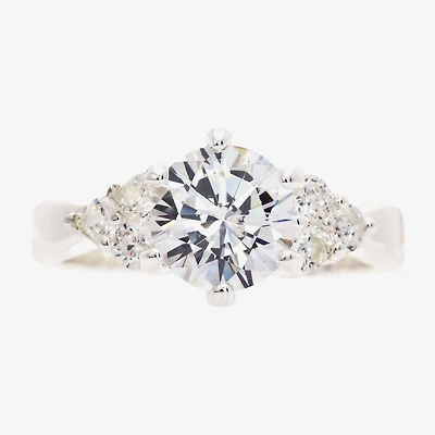 Sparkle Allure Side Stone Womens Cubic Zirconia Pure Silver Over Brass Round Engagement Ring