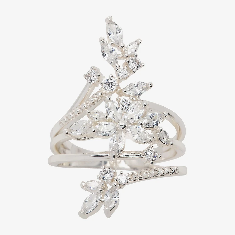 Sparkle Allure Wrap Womens Cubic Zirconia Pure Silver Over Brass Flower Bypass Cocktail Ring