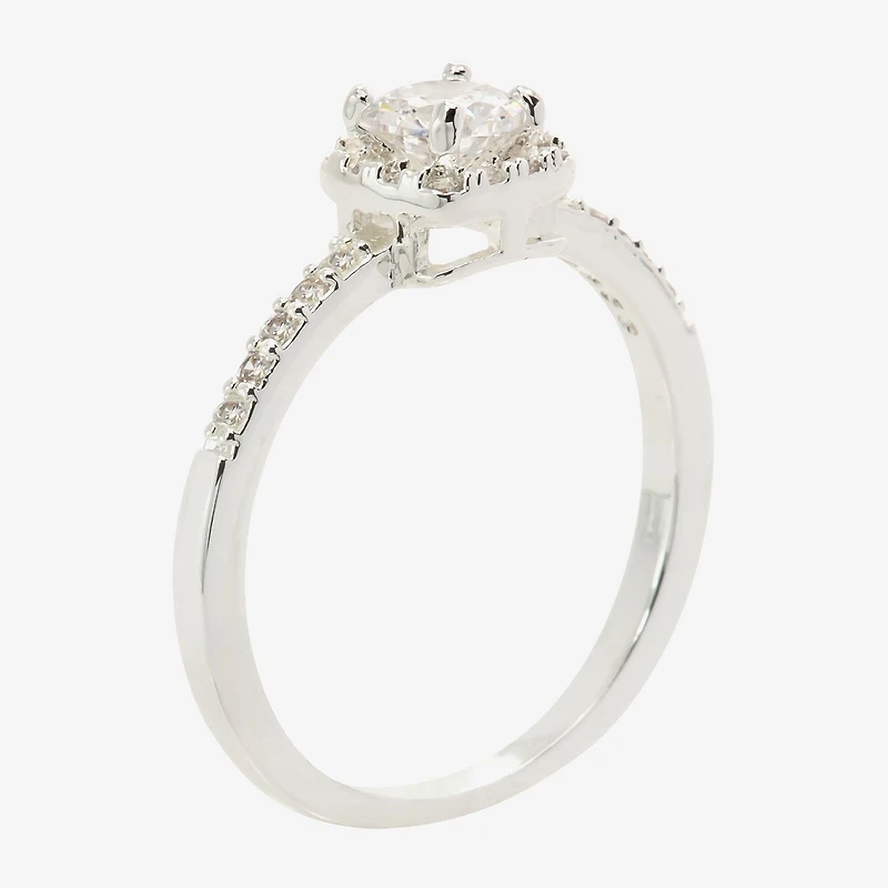 Sparkle Allure Halo Womens Cubic Zirconia Pure Silver Over Brass Round Engagement Ring