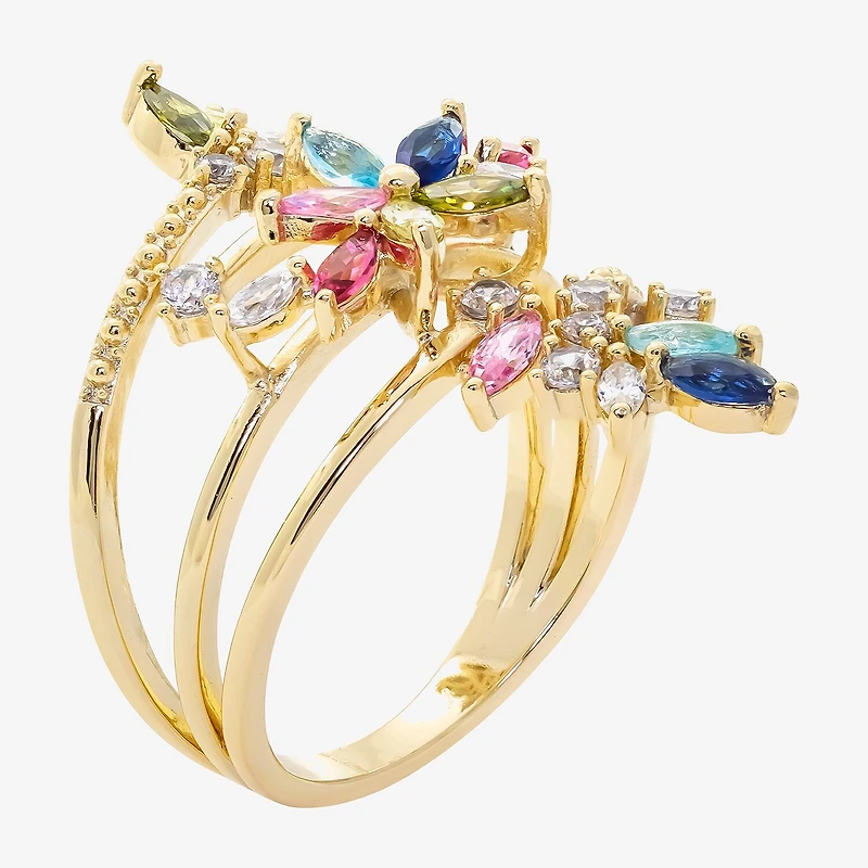 Sparkle Allure Wrap Womens Multi Color Cubic Zirconia 14K Gold Over Brass Flower Bypass Cocktail Ring