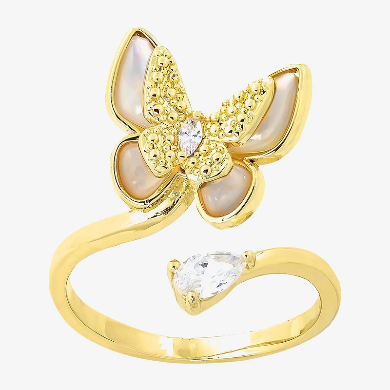 Sparkle Allure Wrap Womens White Mother Of Pearl 14K Gold Over Brass Butterfly Bypass Cocktail Ring