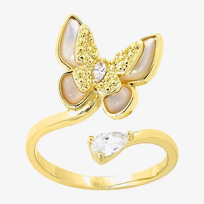 Sparkle Allure Wrap Womens White Mother Of Pearl 14K Gold Over Brass Butterfly Bypass Cocktail Ring