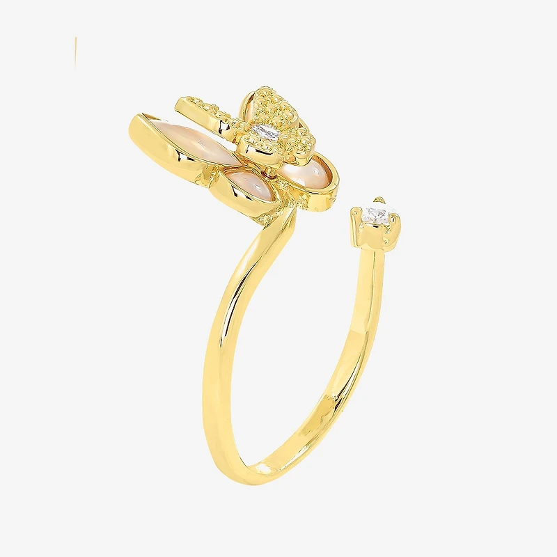 Sparkle Allure Wrap Womens White Mother Of Pearl 14K Gold Over Brass Butterfly Bypass Cocktail Ring